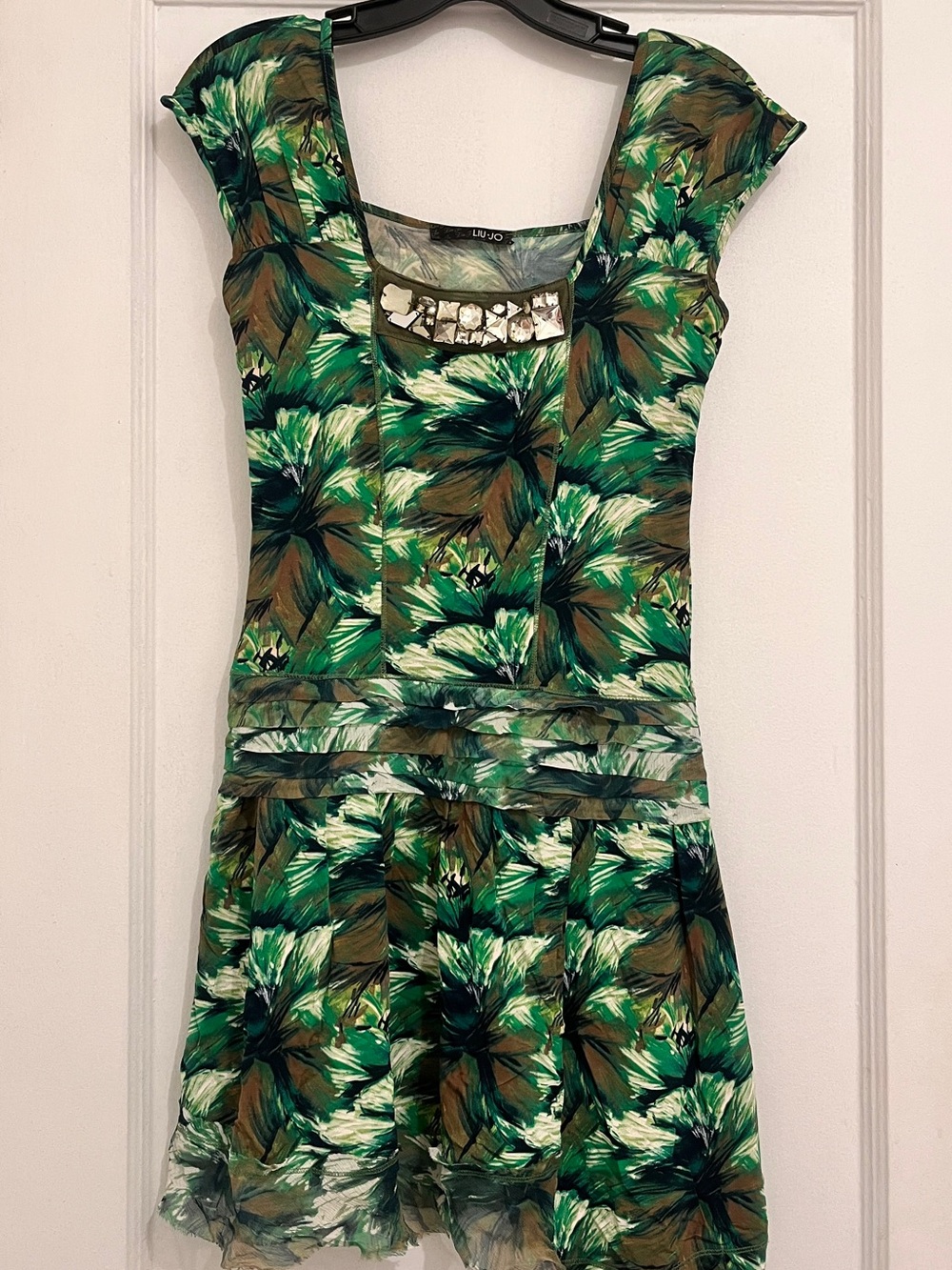 Liu Jo Green Brown Floral Mini Dress with Embellished Neckline